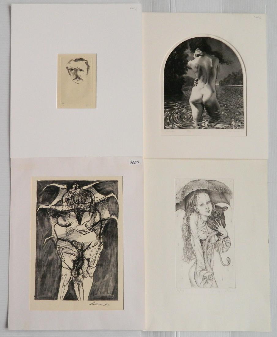 4 Prints: 4 Prints- 1.) Leonard Baskin- Eugene Carriere- etching, 1968, signed and numbered 'xix/c' in pencil, slight mat toning, 5 13/16 x 3 13/16'' (plate); 2.) David Bumbeck- ''The Lake''- etching, 1987, sig