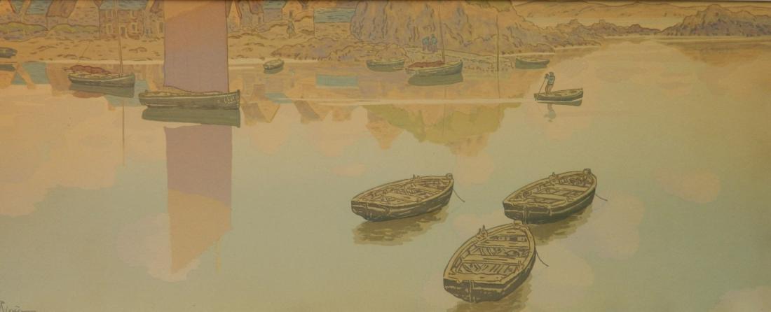 Henri Riviere lithograph in color: Henri Riviere (French 1864-1951)- Boats on a River- lithograph in colors, laid down and margins trimmed. 9 1/4 x 23 1/2''
