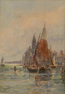 Prosper L. Senat watercolor: Prosper Louis Senat (American 1852-1925)- ''Venice''- watercolor on paper, signed Prosper L. Senat/ Venice lower left, some age toning to paper. 13 3/4 x 9 1/2''