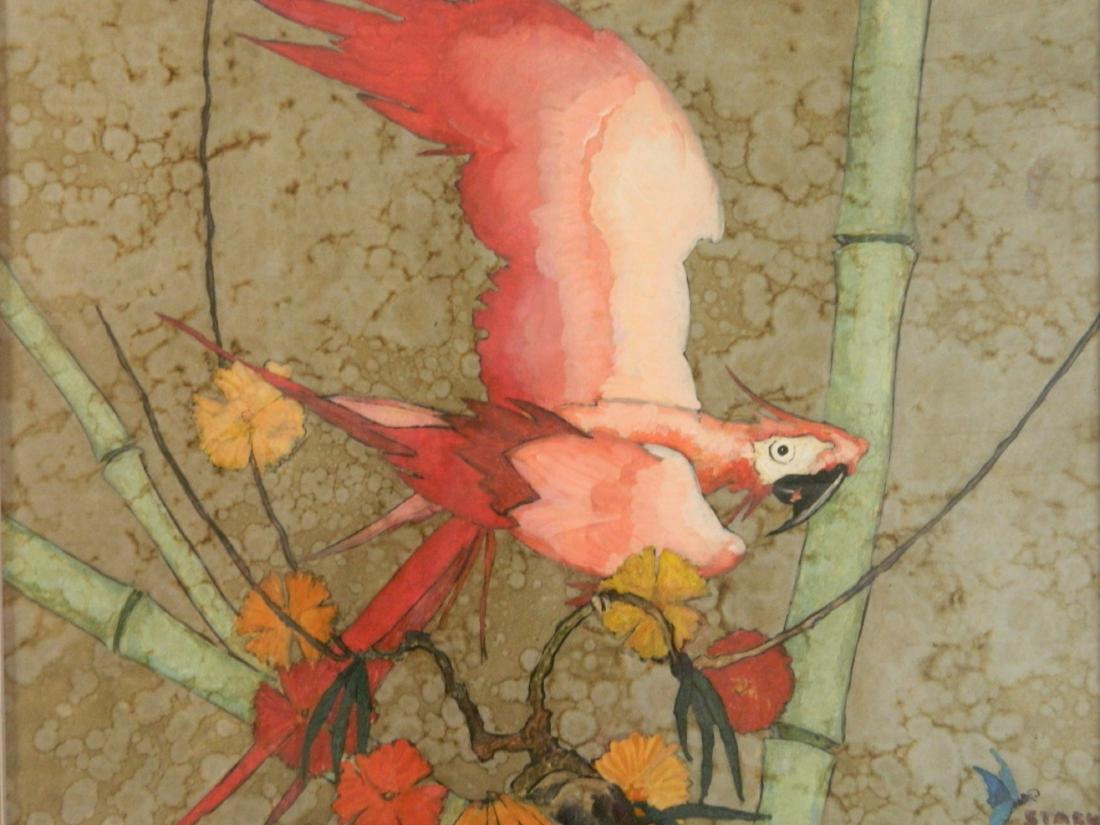 Stark Davis gouache: Stark Davis (American 1885-1950)- Red Parrot- gouache on paper mounted to canvasboard, signed Stark Davis lower right, very good condition. 20 x 30''