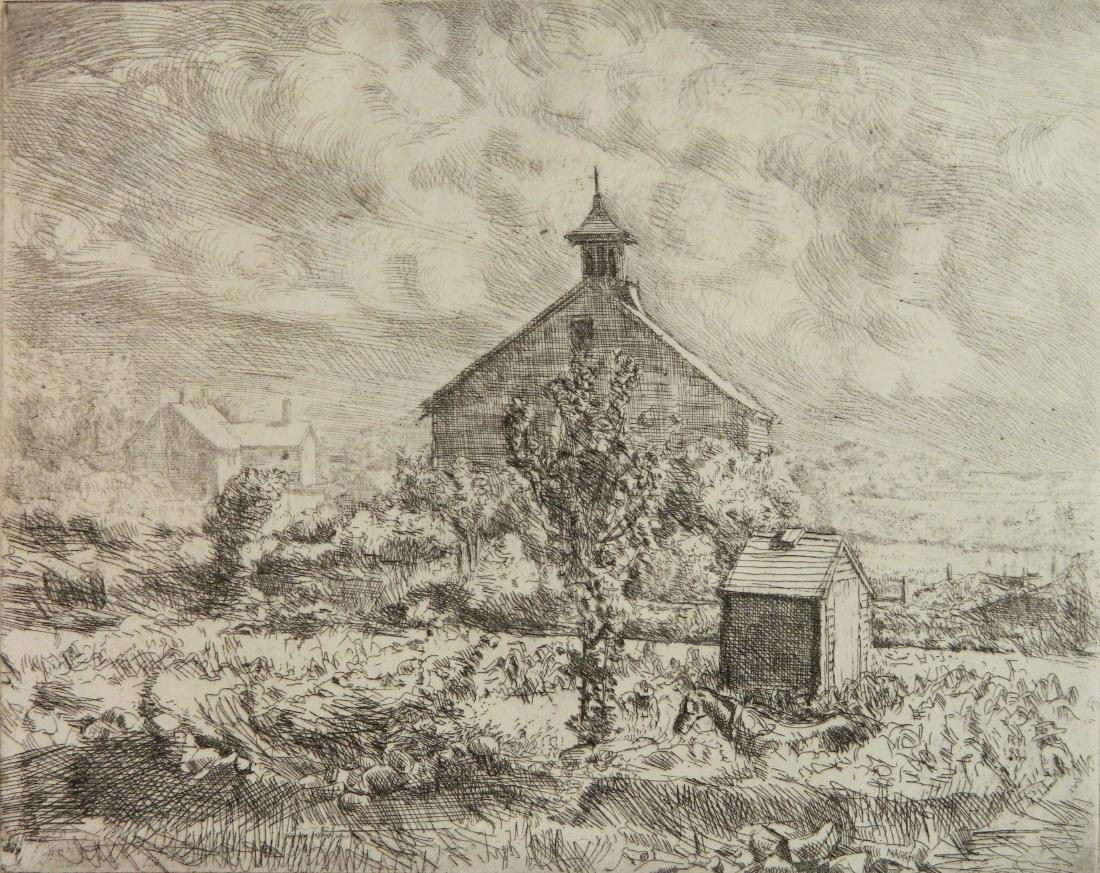Reginald Marsh etching: Reginald Marsh (American 1898-1954)- ''Snow's Farm'' (Sasowsky 12 i/V)- etching, 1931, signed in pencil by artist's wife, one of 2 proofs of the first state, very good condition. 7 7/8 x 9 7/8''