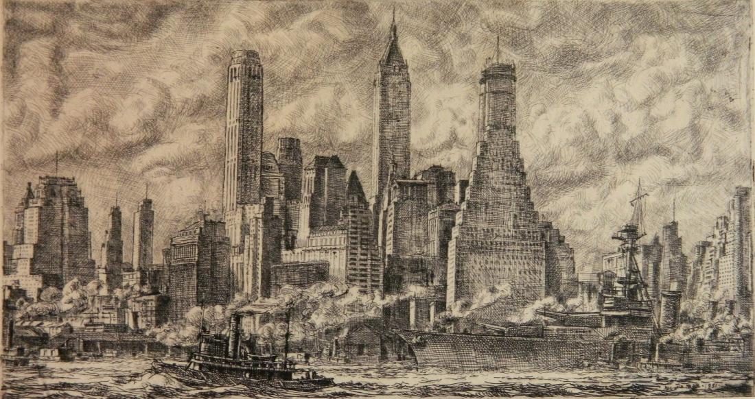 Reginald Marsh etching: Reginald Marsh (American 1898-1954)- ''Skyline from Pier 10 Brooklyn'' (Sasowsky 129 iv/IV)- etching, 1931, signed and numbered 10 in pencil, ediition of 18, minor ink staining in margins, margins app