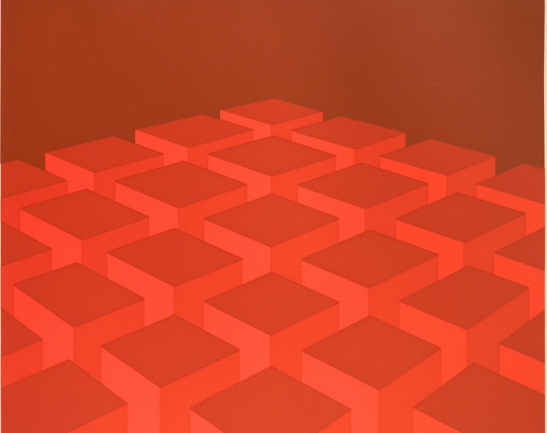 Marko Spalatin screenprint: Marko Spalatin (Yugoslavian 1945- )- ''Red Cubes''- screenprint in colors, 1970, signed in pencil, edition of 260, The Print Club of Cleveland publication no. 48. 12 9/16 x 15 7/16''