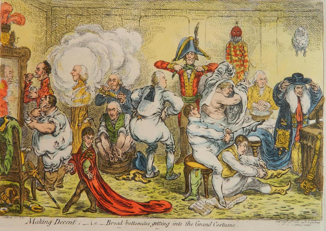 after James Gillray engraving: after James Gillray (British 1756-1815)- ''Making Decent- i.e. Broad Bottomites Getting Into Grand Costume''- engraving, later hand-coloring. 9 1/4 x 13 3/4''