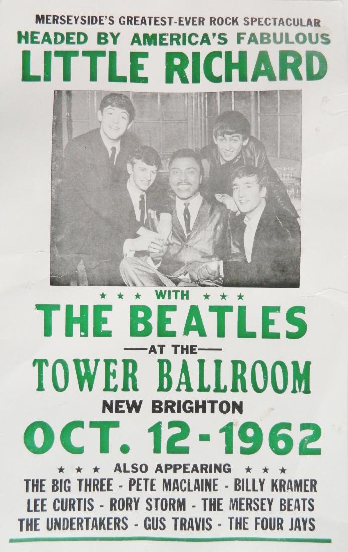 Rock and Roll poster: Rock and Roll poster- ''Little Richard with The Beatles at The Tower Ballroom - New Brighton Oct. 12, 1962, handling creases, some stains. 22 x 14''