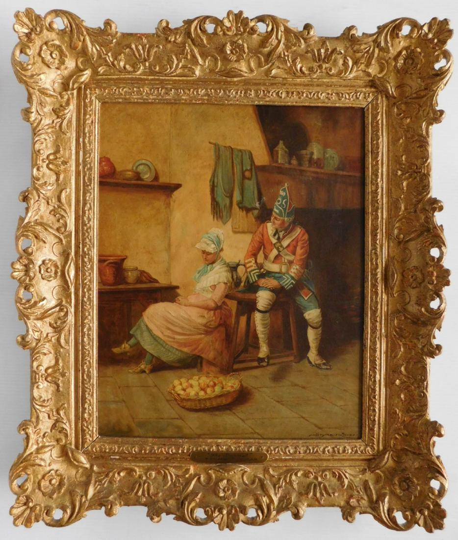 John Seymour Lucas oil: John Seymour Lucas (British 1849-1923)- The Proposal- oil on canvas, signed Seymour Lucas lower right. 20 x 16''