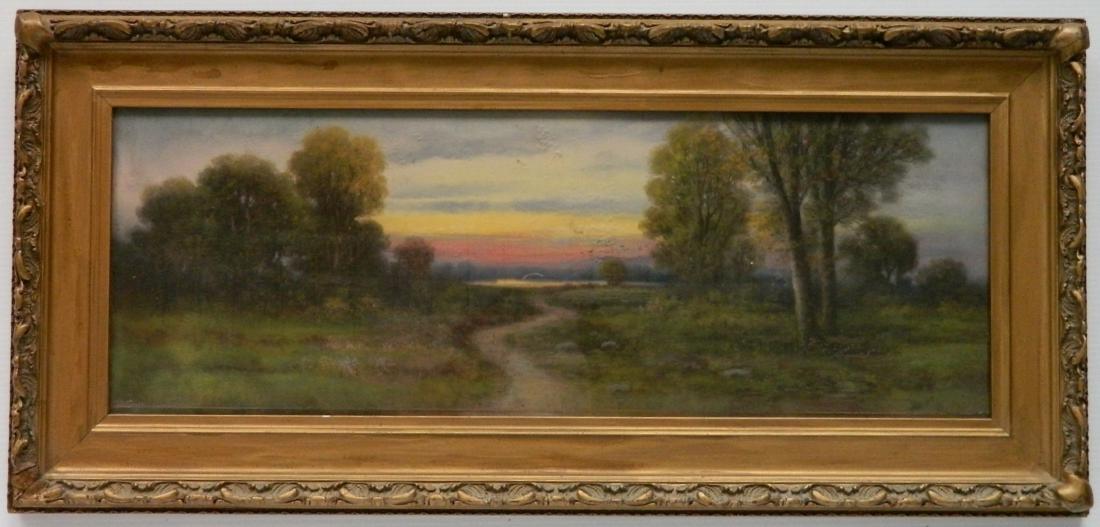 John W. Clarke pastel: John W. Clarke (American 1862-1940)- Landscape at Sunset- pastel on board, signed J. W. Clarke lower right, some smudging. 10 x 28''
