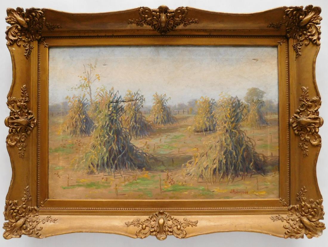 J. Robinson oil: J. Robinson- Landscape with Haystacks- oil on canvas, signed J. Robinson lower right, surface grime and several tears. 19 1/2 x 29 1/4''