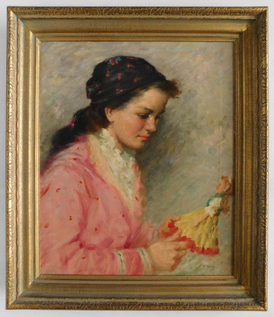 L. Rezes Molnar oil: L. Rezes Molnar (Hungarian 1896-1989)- Girl with Doll- oil on canvas, signed R. Molnar lower right. 24 x 20''