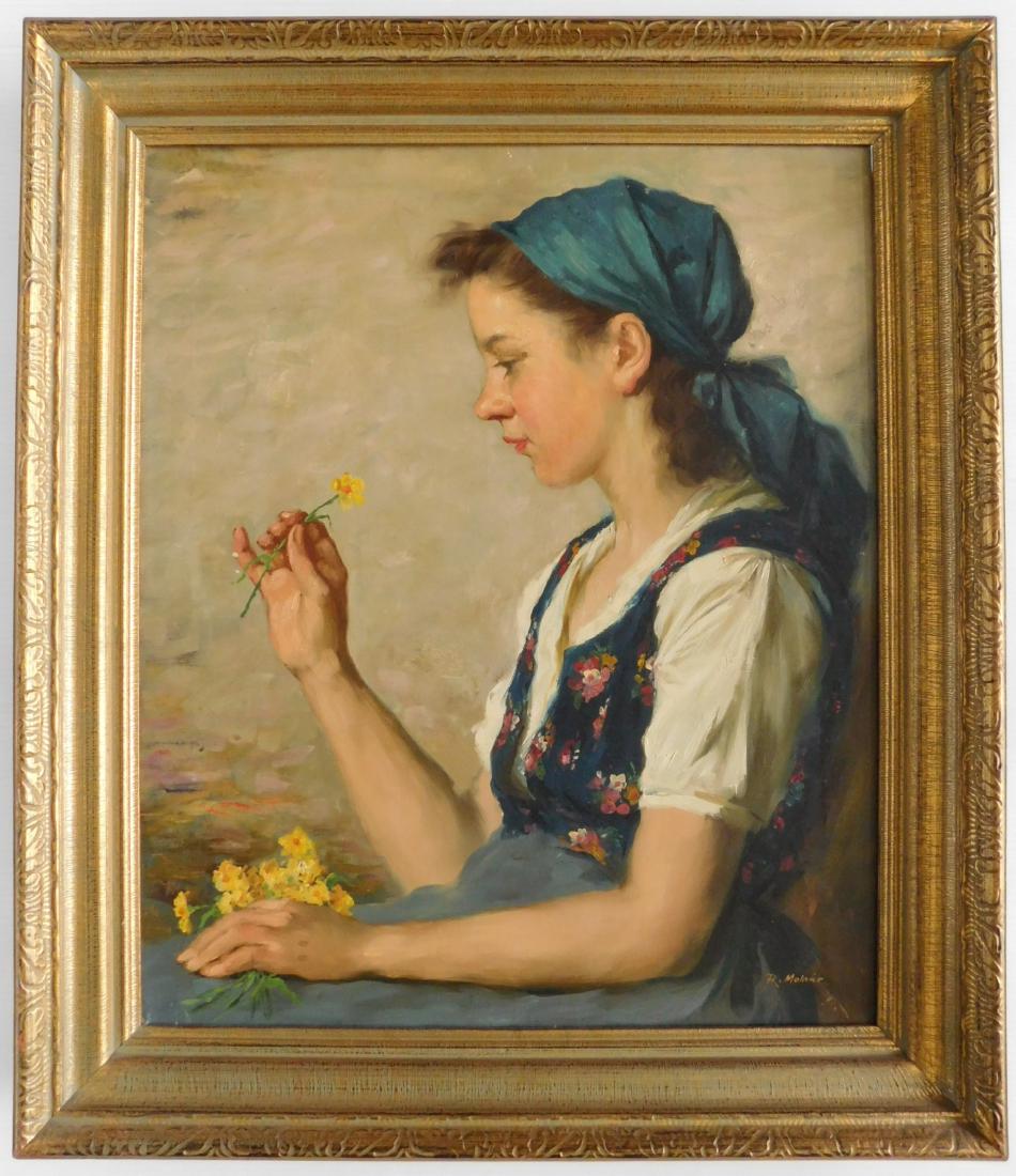 L. Rezes Molnar oil: L. Rezes Molnar (Hungarian 1896-1989)- Girl with Flowers- oil on canvas. 24 x 20''