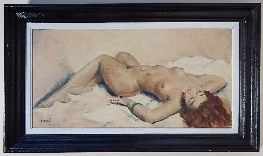 Carlini oil: Carlini (Italian 20th c.)- Reclining Nude- oil on canvas, signed Carlini lower left. 16 x 31 1/2''