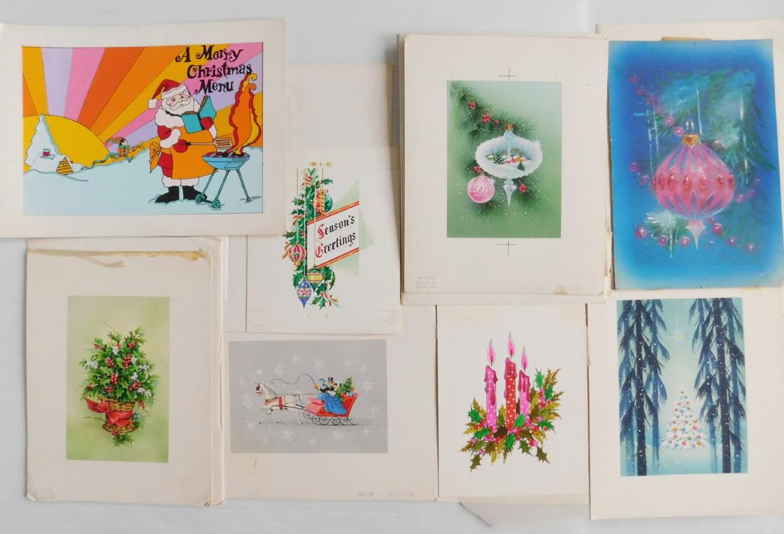 8 Original Christmas card designs: 20th c. American School- Christmas card- 8 original watercolors on illustration board, artist include James Cox and John Bradley, very good condition, various sizes.