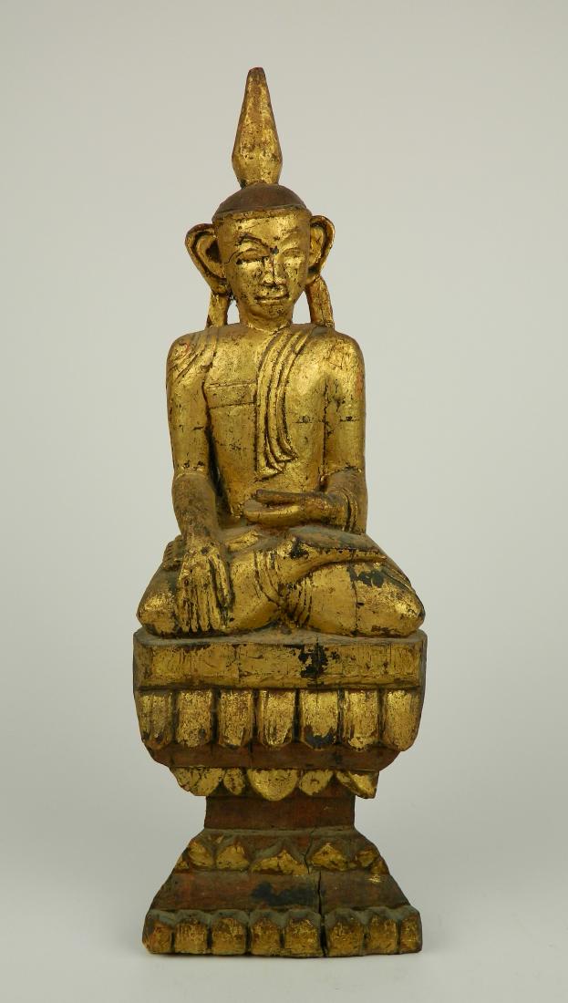 Carved and painted wood buddha: 19th/ 20thc. Carved and painted statue of Buddha, some damage and wear. 18'h