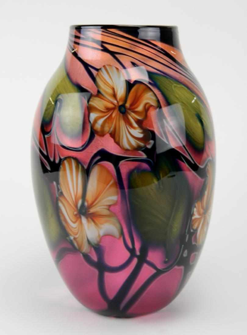 Charles Lotton art glass vase: Charles Lotton art glass vase, fuschia multi flora, 1989, signed Charles Lotton 1989 / to John and Betsy. 10 1/2''h