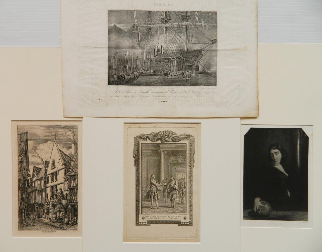 5 European Gavarni, Meryon, Mire and Isabey: 4 European Prints- 1.) Paul Gavarni (French 1904-1966)- ''Pensee Philosophique'' (AB 1677)- lithograph on cnine colle, 1848, foxing throughout. 2) Charles Meryon (French 1821-1868)- ''La Rue des Toile