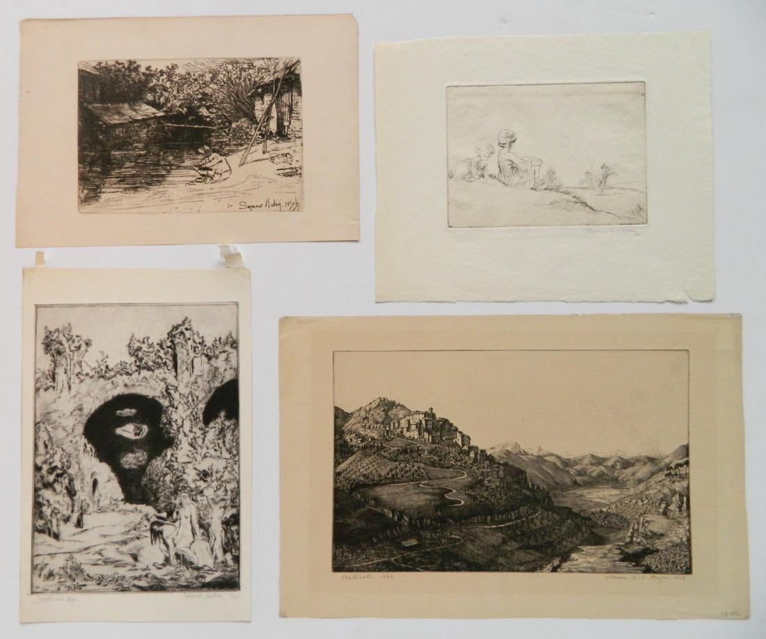 4 British prints: 4 British prints- 1.) Frederick Carter- ''Youth & Sage''- etching. 2.) Francis Seymour Haden- ''Ye Compleat Angler''- etching, as published in Hamerton. 3.) William E. C. Morgan- ''Anticoli''- etching