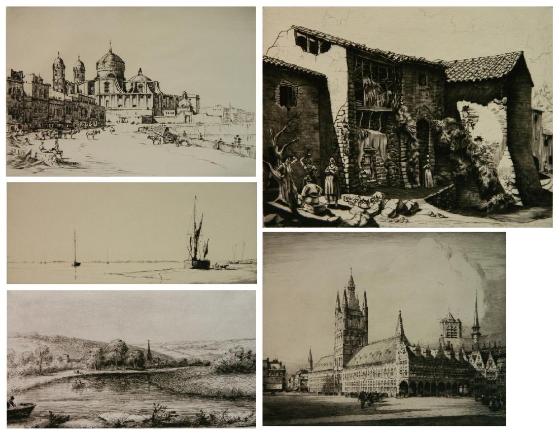 5 British prints: 5 British prints- 1.) Martin Hardie- ''Incoming Tide'' 2.) Albany Howard- ''The Cloth Hall, Yres'' 3.) W. Douglas Mac Leod- ''Cadiz'' 4.) William E. C. Morgan- ''Italian Hill Farm'' 5.) David Charles 
