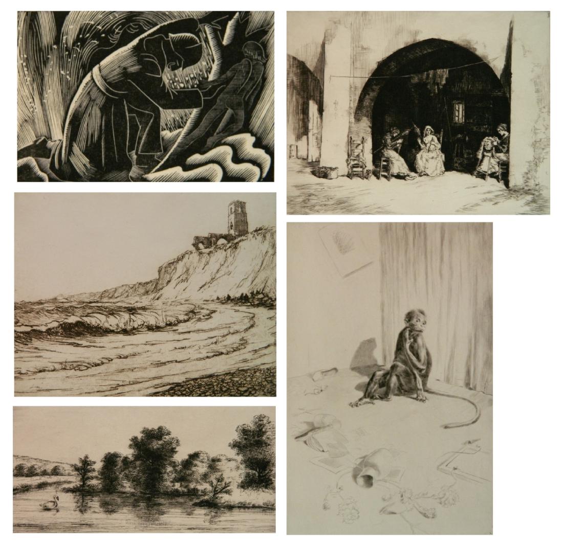 5 British etchings: 5 British prints. 1.) Leonard Brightwell- ''Interval Between the Acts'' 2. John Farleigh- Untitled 3.) Nelson Dawson- ''Crumbling Cliffs of Dunwich'' 4.) Sidney Tushingham- ''Peasant Woman- Portofino'