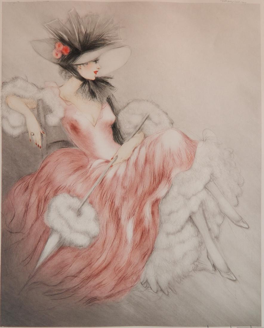Louis Icart etching and aquatint: Louis Icart (French/American 1888-1950)- ''Frou, Frou'' (Holland, Catania & Isen 492)- etching and aquatint in color, 1948, signed in pencil, old tape on both top and bottom edges, lower left margin a