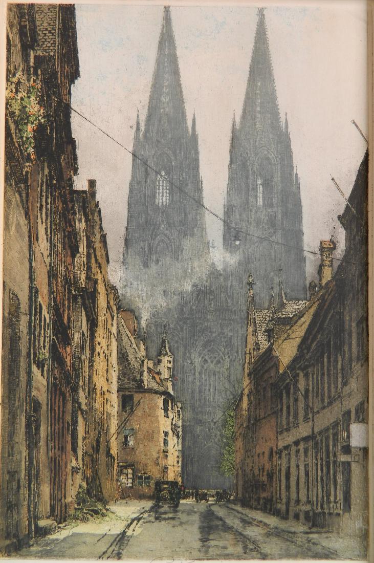 Luigi Kasimir etching: Luigi Kasimir (Austrian 1881-1962)- ''Koln, Dom''- etching in color, signed in pencil, slightly mat burned, paper abrasions throughout margins, old tape residue and paper repair throughtou top margin.