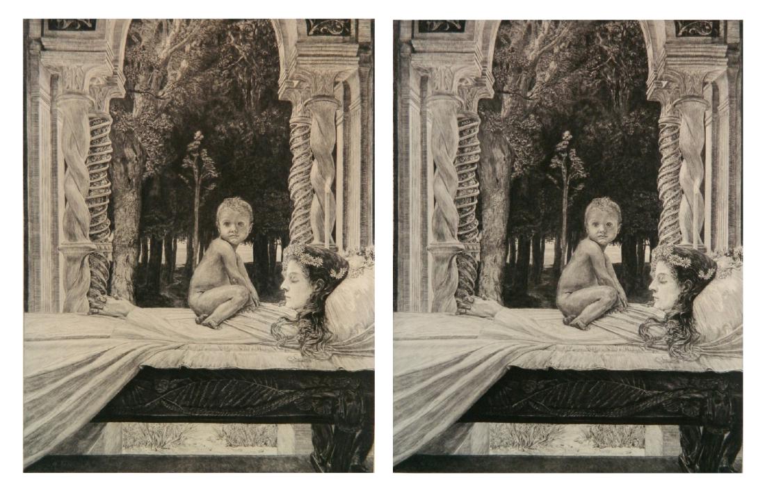 Max Klinger 2 etching and engravings: Max Klinger (German 1857-1920)- ''Tote Mutter''- 2 etching and engravings, 1889, Plate 10 of Opus VII and Plate 10 of Opus VIII, Von Tode Zweister Teil, printed in 1910. 17 7/8 x 13 5/8''