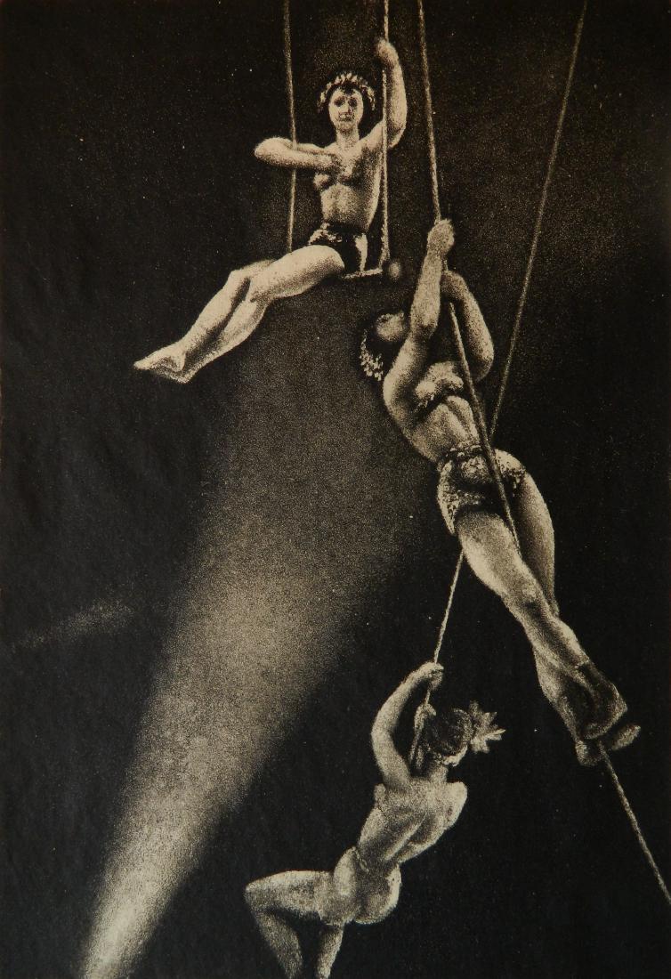 Laura Knight aqautint: Laura Knight (British 1877-1970) ''Trio Gymnastique'' (Bolling/ Withington 68)- aquatint, 1932, signed in pencil, edition of 50, window from mat with yellowed toning in lower left corner of margin. 14