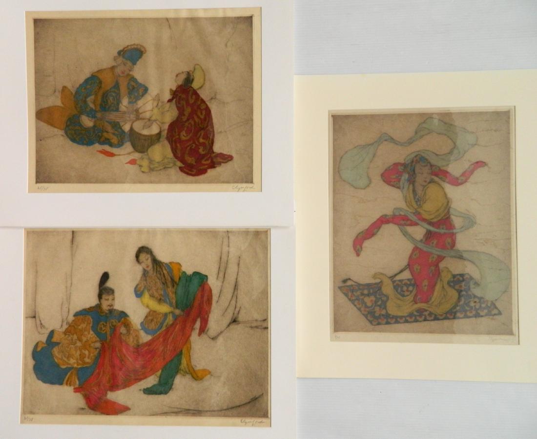 3 Elyse A. Lord drypoint and woodblock: Elyse Ashe Lord (British 1900-1971)- 3 drypoints and color woodblocks, all signed and numbered in pencil. 1.) ''Jazz II''- touched with graphite, numbered 25/75. 13 1/8 x 17 1/2'' 2.) ''Silks''- numbe