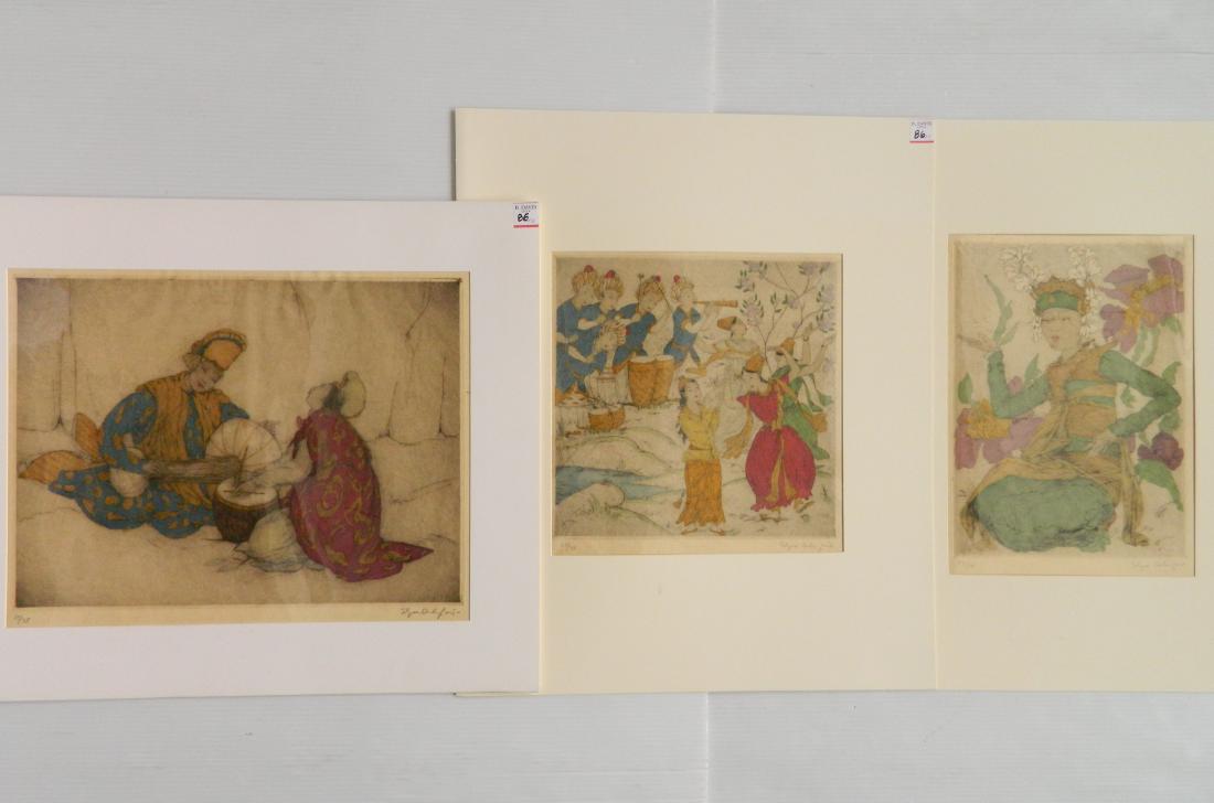 3 Elyse Ashe Lord drypoints and color woodblocks: Elyse Ashe Lord (British 1900-1971)- 3 drypoints and color woodblocks, all signed and numbered in pencil. 1.) ''Jazz II''- numbered 17/75, crease in upper left part of image. 13 1/8 x 17 1/2'' 2.) ''D