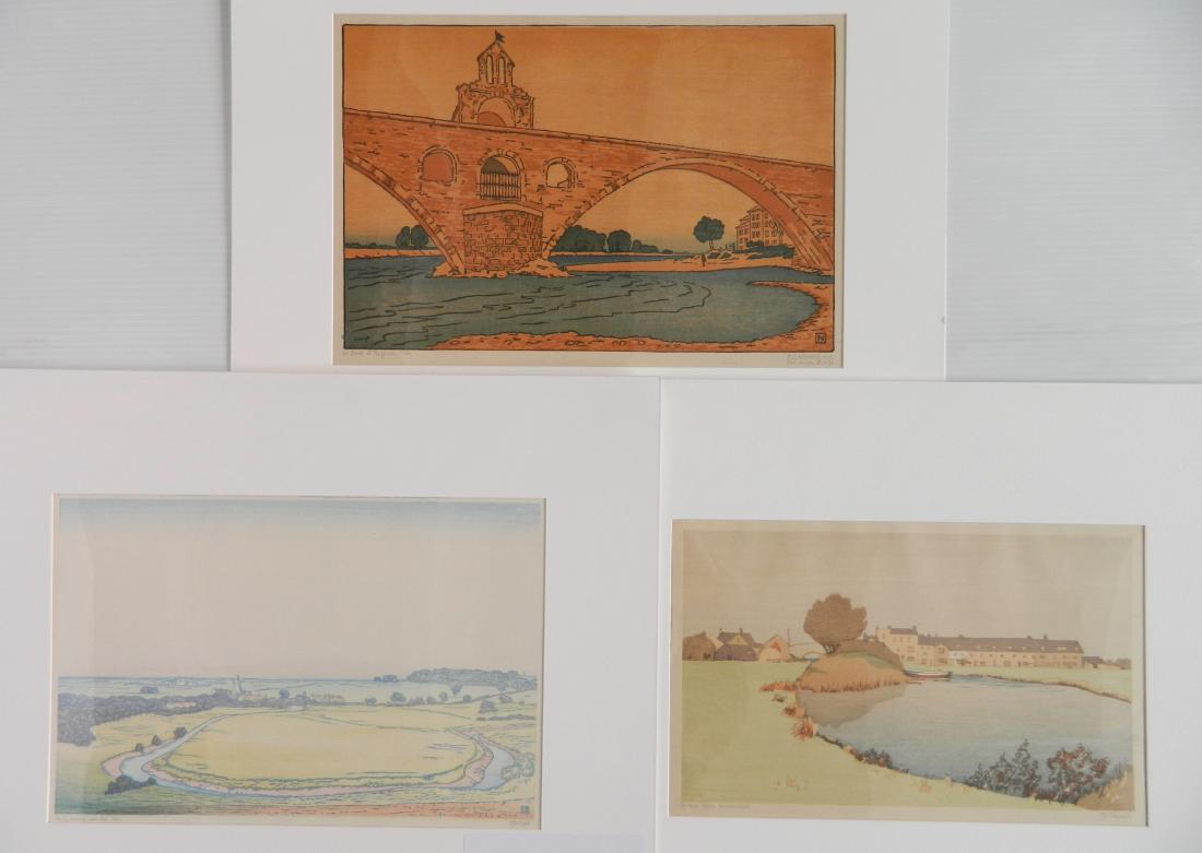 Philip Gregory Needell 3 woodcuts: Philip Gregory Needell (British 1886-1974) 3 woodcuts in color- 1.) ''Le Point d'Avignon''- 1925, dated and numbered 21/40 in pencil, 9 1/8 x 13 3/4''; 2.) ''Waterloo Place, Christchurch''- 7 1/2 x 12