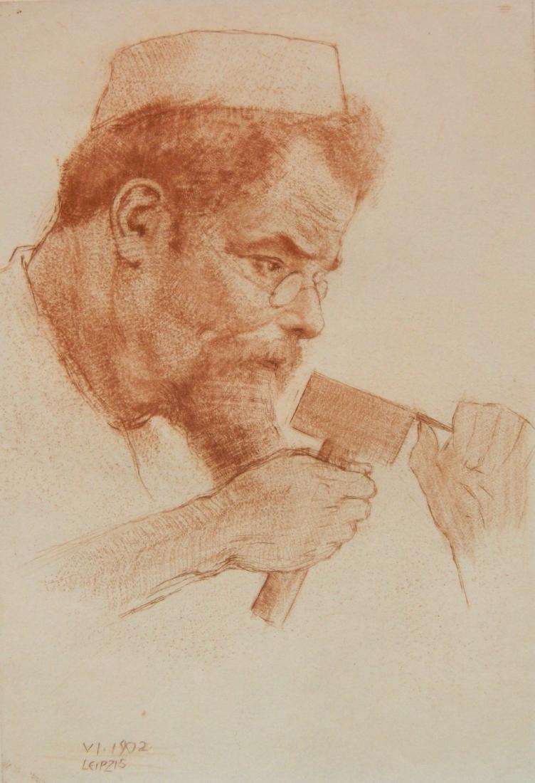 Emil Orlik etching: Emil Orlik (German 1870-1932)- Portrait of Max Klinger- etching, signed in pencil, very slightly light struck, minor staining and soiling to margins. 7 3/4 x 5 1/4''