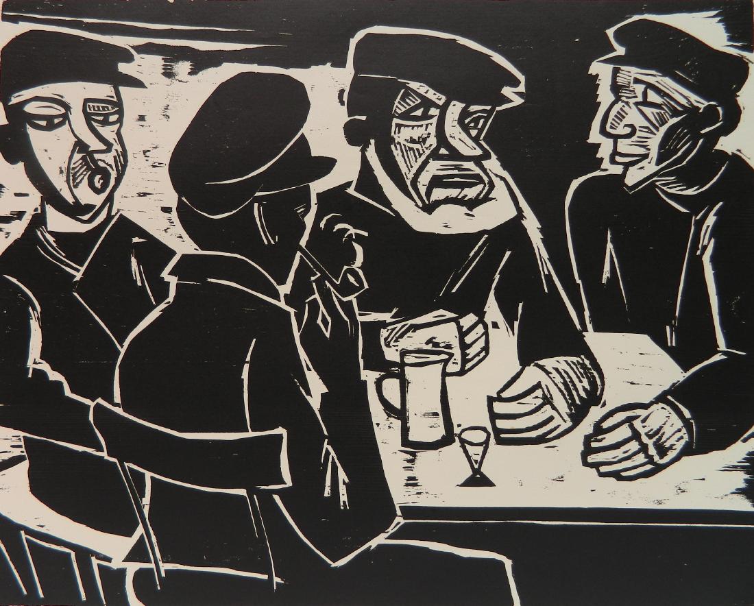 Max Pechstein woodcut: Max Pechstein (German 1881-19552)- ''Four Men At A Table''- woodcut, 1923, estate stamped verso. 15 1/2 x 19 1/4''