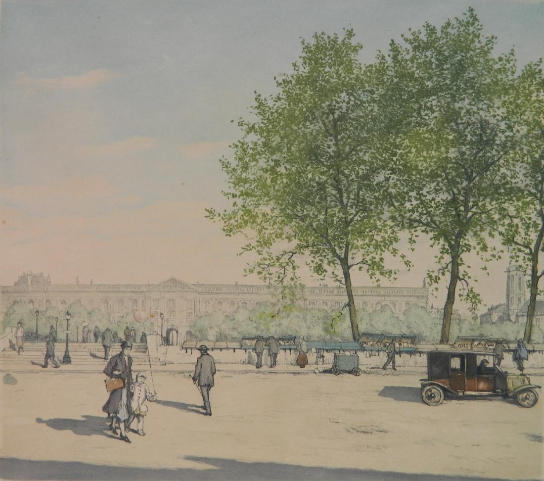 Tavik F. Simon soft ground and aquatint: Tavik F. Simon (Czech 1877-1942)- ''Quai Voltaire, Paris'' (Novak 225)(Baker 133)- soft ground and aquatint in color, 1914, signed and numbered in pencil, edition of about 250. 12 3/4 x 14 1/4''