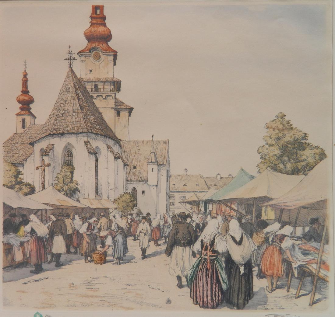 Tavik F. Simon soft ground and aquatint: Tavik F. Simon (Czech 1877-1942)- ''Market in Zvolen, Slovakia'' (Novak 421)- soft ground and aquatint in color, 1925, signed in pencil, edition of 290, good condition. 13 5/8 x 14 3/8''