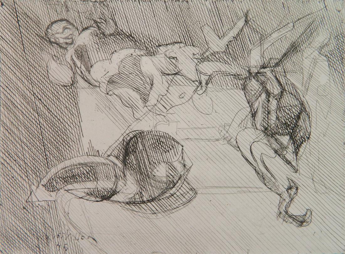 Jacques Villon etching and drypoint: Jacques Villon (French 1875-1963)- ''Comme il Vous Plaira No. 1 (Cauchemar ou Reve)'' (Ginestet & Pouillon E495)- etching and drypoint, 1946, signed in pencil, edition of 20 or 25 printed in 1950. 6 7