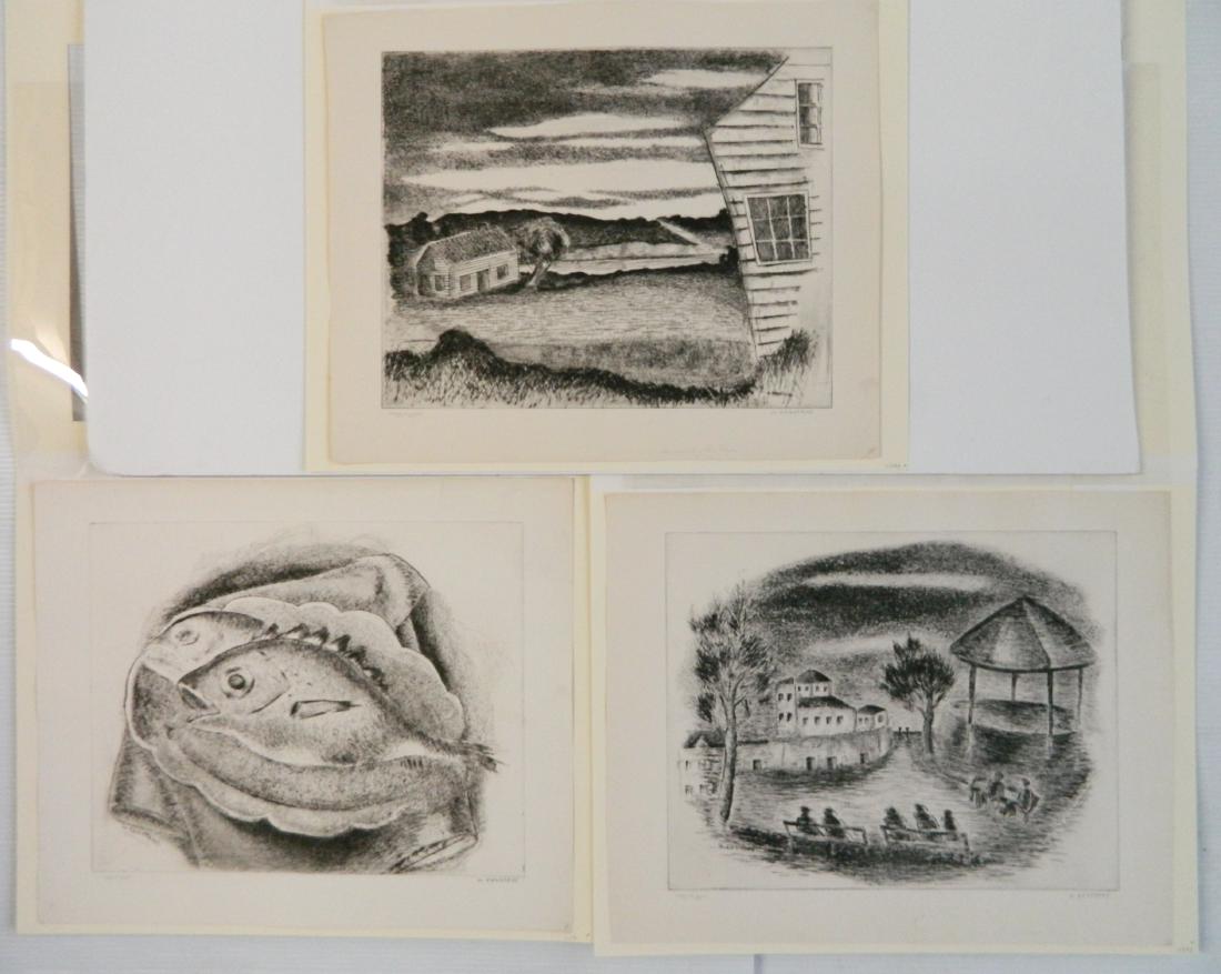 3 George Constant drypoints: George Constant (American 1892-1978)- ''Still-Life with Fish''; ''Village Scene'' & ''House by the River'', all signed in pencil with the 'Federal Art Project/ NYC WPA' stamp, editions of 25, ca. 1935