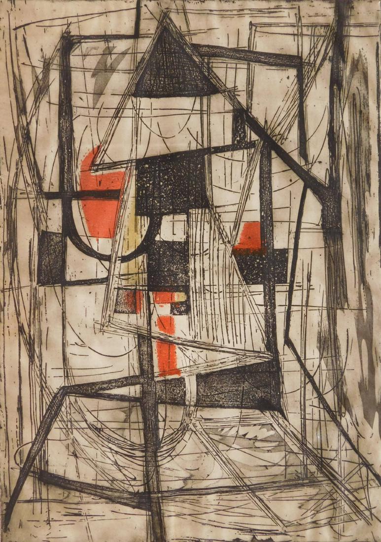 Dorothy Dehner etching in color: Dorothy Dehner (American 1901-1994)- ''Studio''- etching in color, 1954, sgined, titled, dated and numbered 6/25 in pencil, staining throughout margins and into image slightly, rippling in paper. 13 7