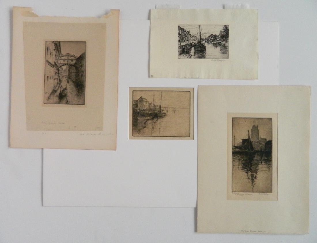 4 Bertha Jacques etchings: Bertha E. Jacques (American 1863-1941) 4 etchings- 1.) ''Salt Schooners: Gloucester''- 1910, signed in pencil; 2.) ''Dordrecht (Gray Church)''- 1917, signed, titled and annotated 'To Reynold Weidener 