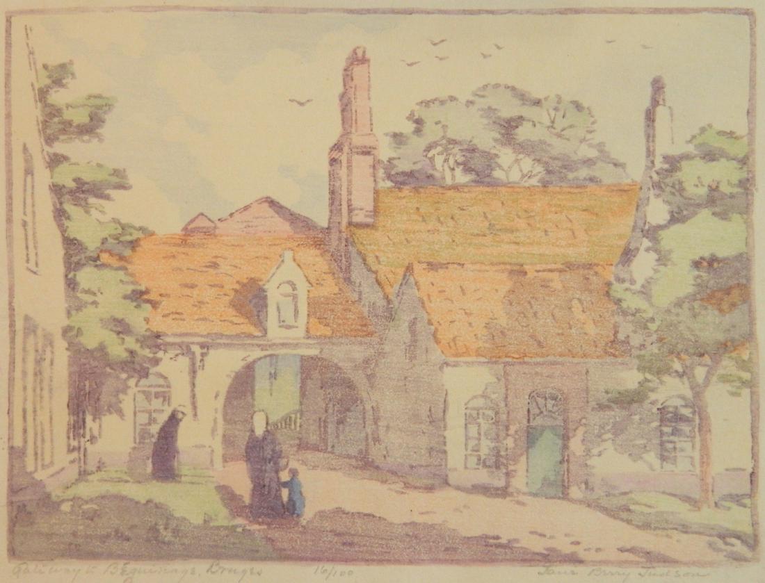 Jane Berry Judson woodblock: Jane Berry Judson (American 1865-1935)- ''Gateway to Beguinage at Bruges''- woodblock in colors, ca. 1920's, signed, titled and numbered 16/100 in pencil, pin holes in paper along right edge of image,