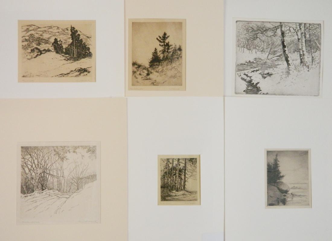 6 Ernest Melchert etching: Ernest Melchert (American 1890-1972)- 1.) ''Whittens Point''- drypoint and aquatint. 2.) ''The Old Guard''- etching and drypoint. 3.) ''Winter Solitude''- etching. 4.) ''The Brook in Winter''- drypoin