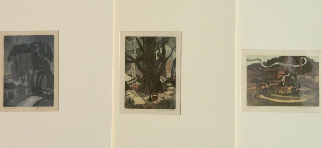 3 George Jo Mess color etchings: George Jo Mess (American 1898-1962)- ''Sorghum Mill''; ''Handy Pump'' & ''Summer Nocturne''- 3 etching and aquatint in color, 1954, all signed and titled in pencil, very good condition., 6 7/8 x 4 3/4