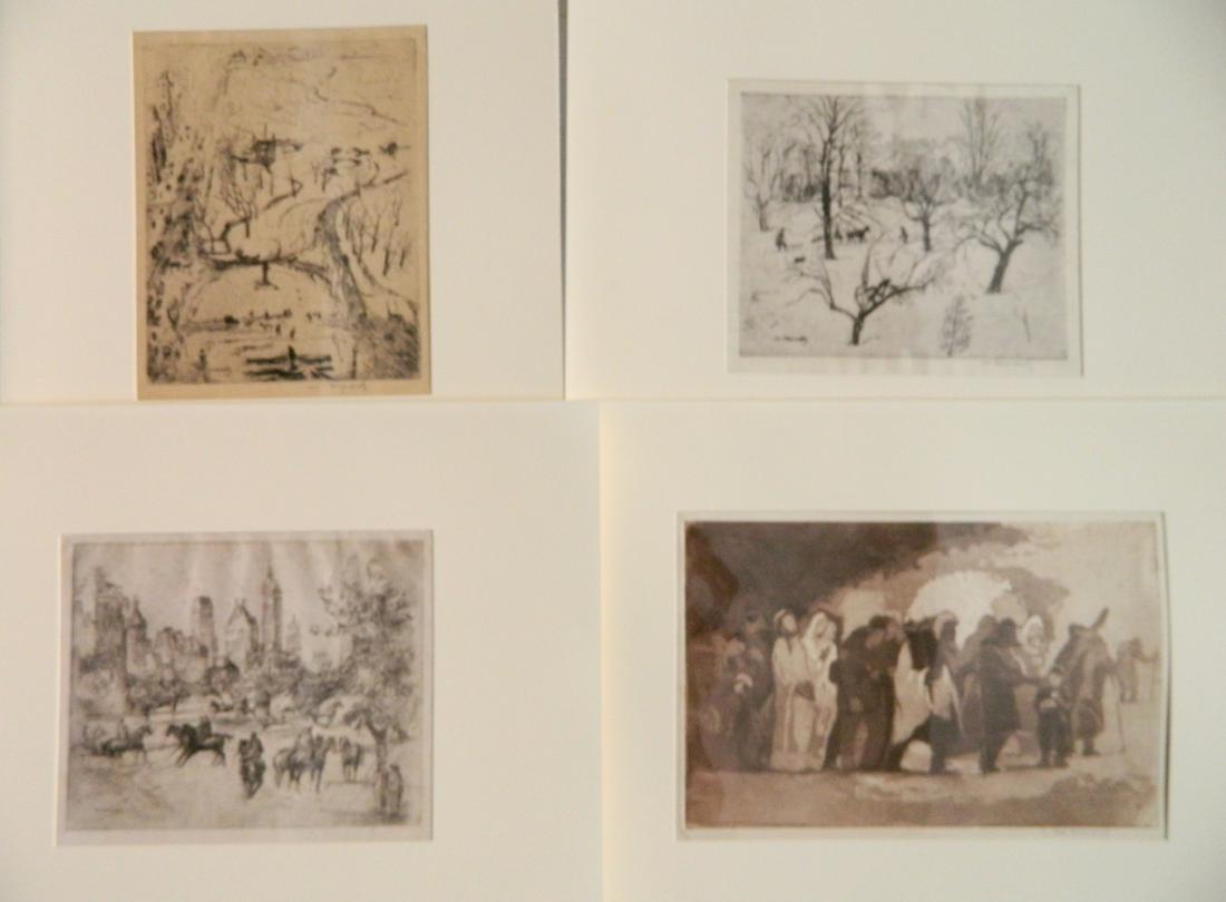 4 William Meyerowitz etchings: William Meyerowitz (American 1887-1981)- ''Winter''; ''Exodus''; ''Fifth Avenue Carpet'' & ''Riding in Central Park''- 4 etchings, all signed in pencil, some minor staining and mat burn generally good