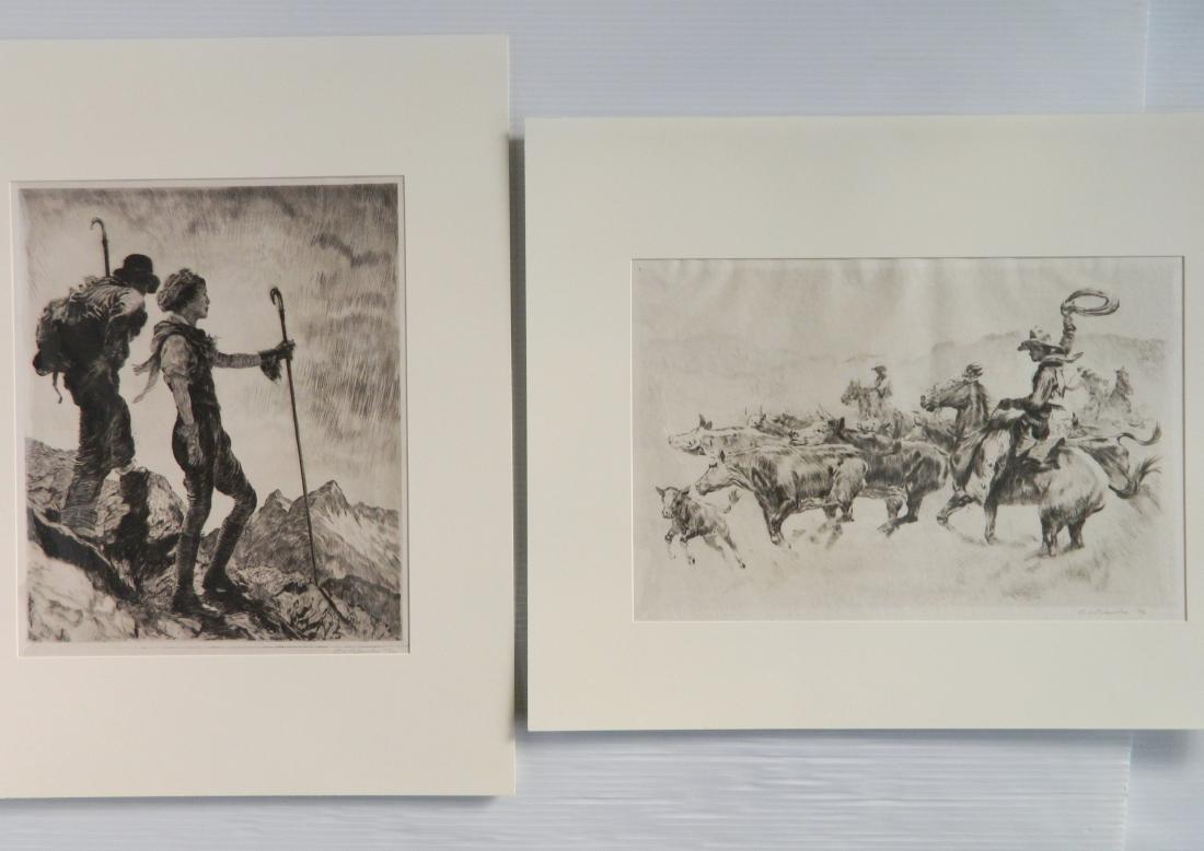 2 Reinhold Palenske drypoints: Reginald H. Palenske (American 1884-1954)- ''The Round-Up'' & ''Sky Line Trail, Yoho Valley, Canada''- 2 etchings, 1936, both signed and dated in pencil, good condition. 9 x 14''; 12 x 10''