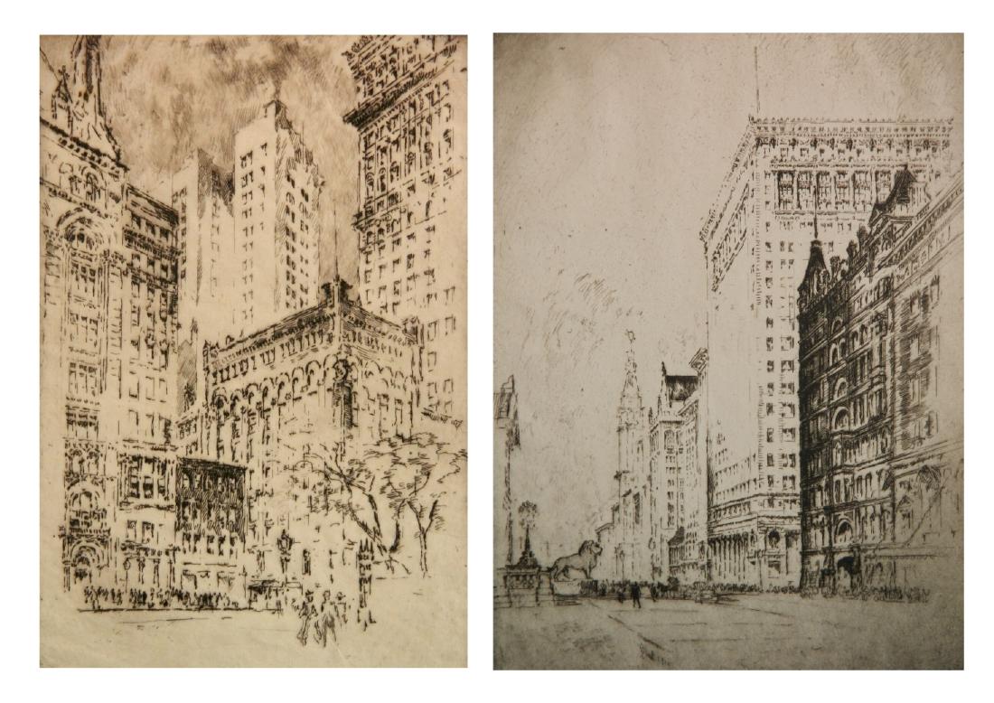 2 Joseph Pennell etchings: Joseph Pennell (American 1857-1926)- 1.) ''Four Story House'' (Wuerth 329)- etching and drypoint on laid Japan, 1904, signed in pencil, edition of about 75, very good condition. 10 3/4 x 7 1/8'' 2.) '
