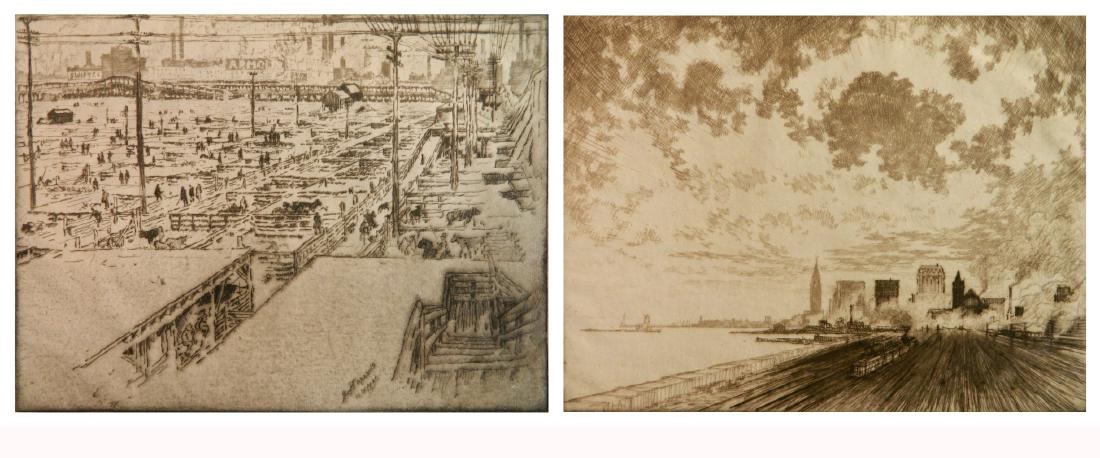 2 Joseph Pennell etchings: Joseph Pennell (American 1857-1926)- 1.) ''The Tracks, Chicago'' (Wuerth 591)- etching on green tinted laid paper, 1910, signed and annotated 'imp' in pencil, edition of 50, very good condition. 9 1/8