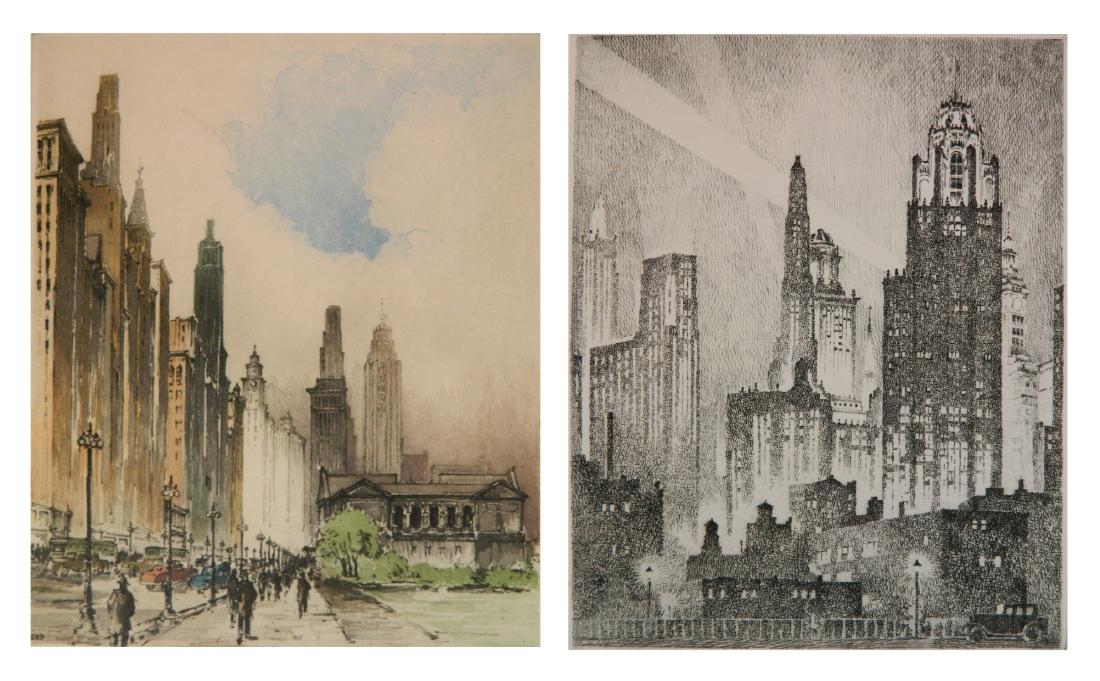 2 Leon Pescheret etchings: Leon Pescheret (American 1892-1961)- 1.) ''Chicago Towers''- etching, 1929, signed and titled in pencil, edition of 100, very good condition. 8 7/8 x 7 7/8'' 2.) Michigan Avenue, Chicago''- softground