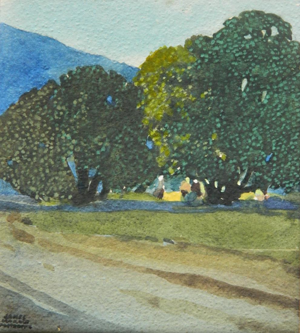 James M. Phillips watercolor: James M. Phillips (American 1913-1981)- Landscape- watercolor on illustration board, signed James March Phillips lower left. 4 1/2 x 4''