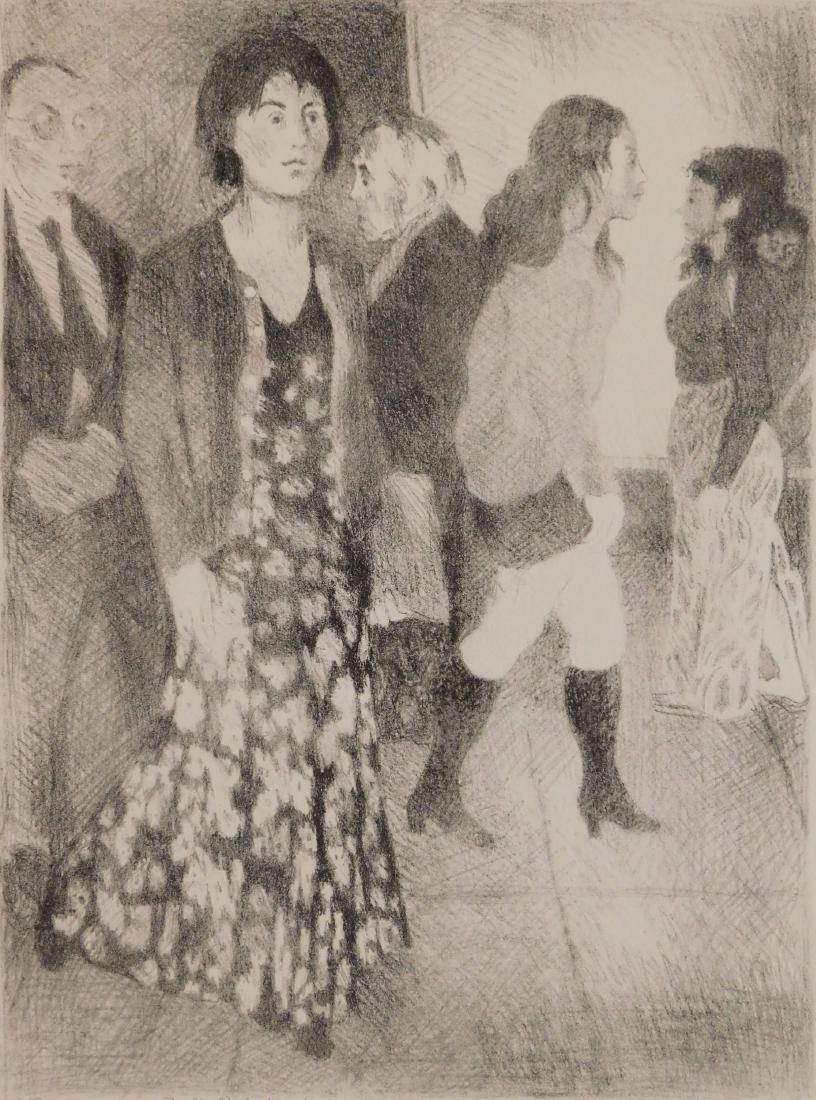 Raphael Soyer lithograph: Raphael Soyer (American 1899-1987)- Street Scene with Moses Soyer- lithograph, signed, numbered 135/150 and inscribed 'to Mildred & Max Lewis with good wishes' in pencil, good condition. 19 1/8 x 14 1