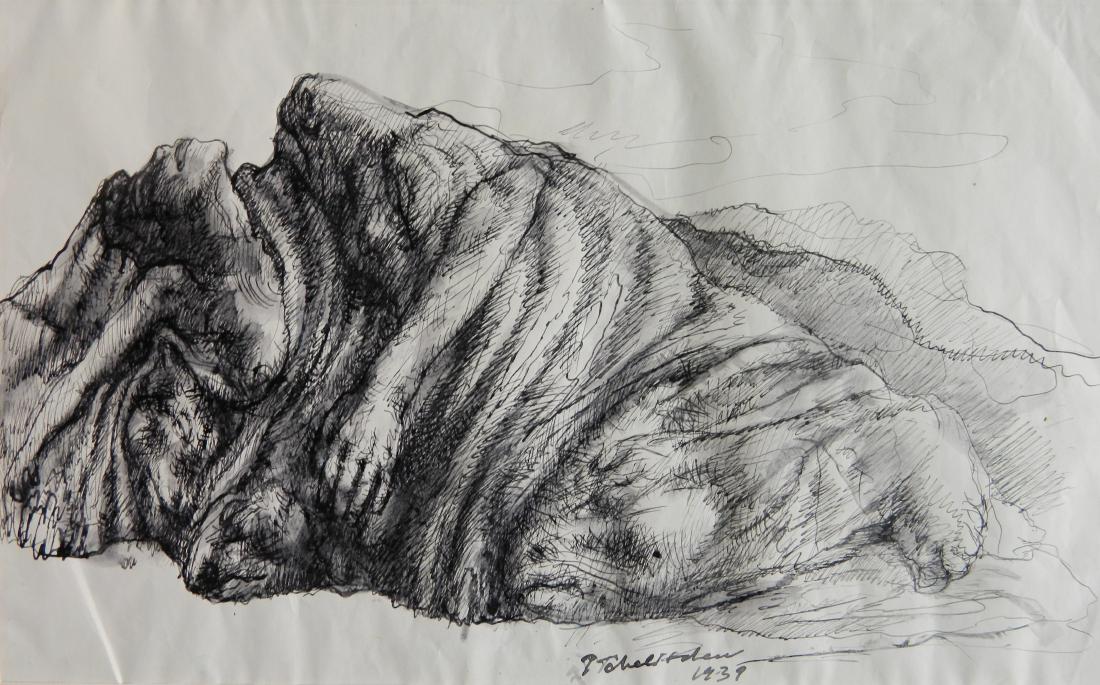 Pavel Tchelitchew pen and ink: Pavel Tchelitchew (Russian/ American 1898-1957)- ''A Sleeping Mountain''- pen and ink on paper, 1939, signed P. Tchelitchew 1939- lower center. 10 1/2 x 17'' Provenance: By direct descent from the fam