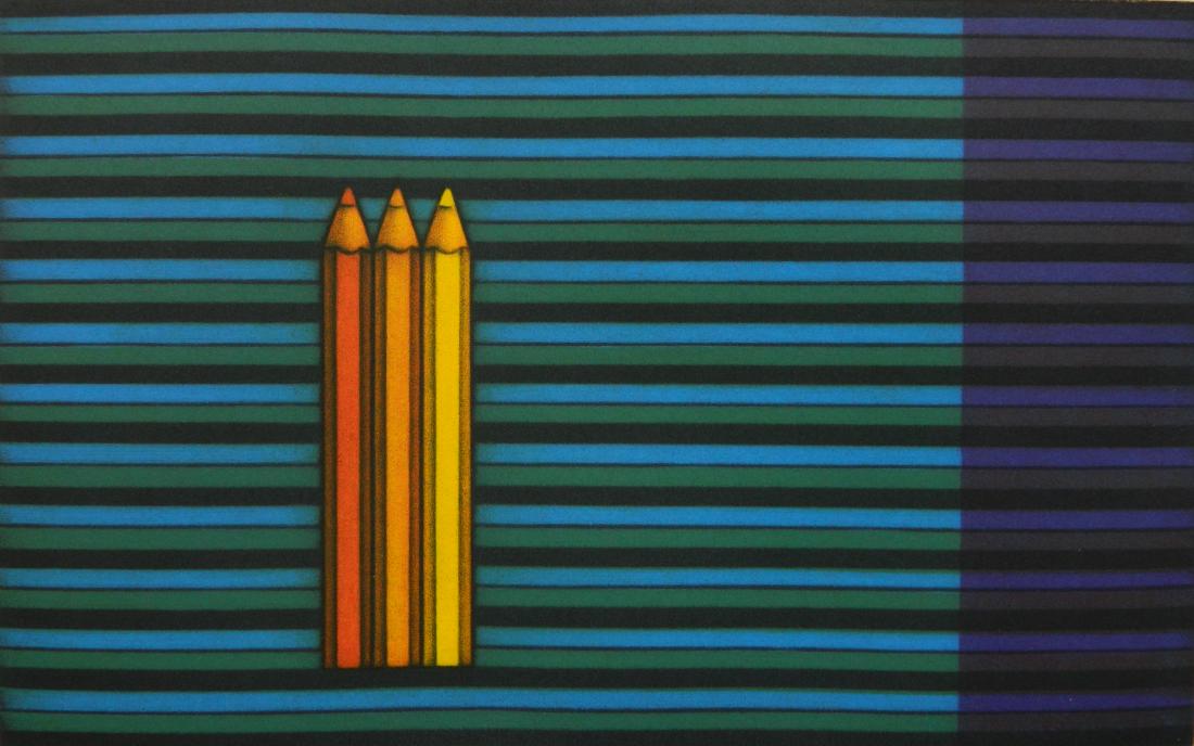 Kazuhisa Honda mezzotints: Kazuhisa Honda (Japanese 1948- )- ''Three Pencils''- mezzotint in colors, (8 copies), 1983, all signed, dated and numbered in pencil, edition of 95, very good condition. 7 1/4 x 11 5/8''