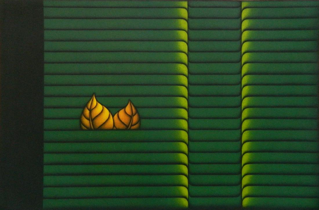 Kazuhisa Honda mezzotints: Kazuhisa Honda (Japanese 1948- )- ''Two Leaves''- mezzotint in colors (8 copies), all signed and numbered in pencil, edition of 95, very good condition. 11 5/8 x 17 5/8''
